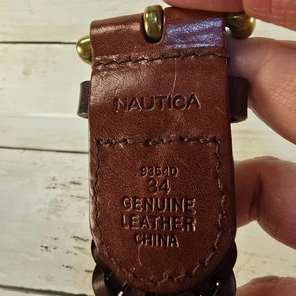 Nautica Mens Braided Leather Belt Dark Brown Woven Brass Buckle Size 34 93540